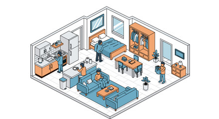 Obraz premium Isometric Office Space with Workstations and Equipment.