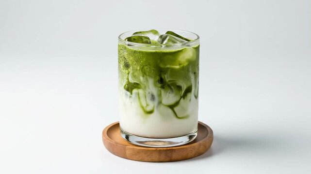 Refreshing Iced Matcha Latte with Milk and Ice.