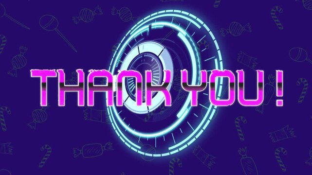Animation of thank you text over scope scanning and candy icons on blue background
