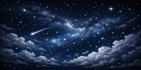 An abstract fantasy illustration of a dark blue starry night sky featuring a bright galaxy nebula and glowing cosmos planets across a vast outer space starfield universe © NUR 0.2