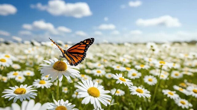 A vibrant orange and black butterfly gently rests on a delicate white daisy-like flower, its wings slightly open, basking in the warm sunshine. The scene unfolds in a sprawling field of countless blos