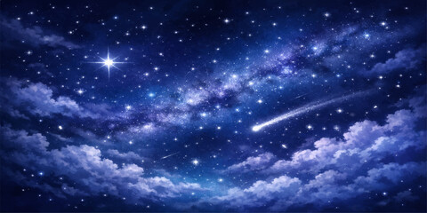 A dark starry night sky features a deep blue space background where a bright nebula and cosmic light illuminate an abstract galaxy within the vast outer universe starfield © NUR 0.2