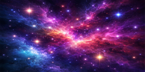 A vast nebula glows with deep blue and purple light across a dark outer space background filled with bright stars, distant planets, and shimmering galaxy constellations in this abstract cosmic illustr © NUR 0.2