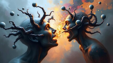 Surrealistic depiction of two abstract faces with twisted tendrils and orbs in a dynamic, fiery atmosphere