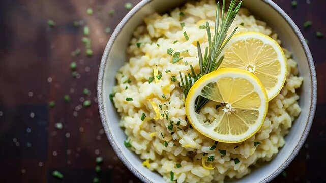 A vibrant, top-down view of a steaming bowl of creamy lemon herb risotto, artfully garnished with bright yellow lemon slices and a fresh sprig of rosemary. Finely chopped green herbs are sprinkled ove