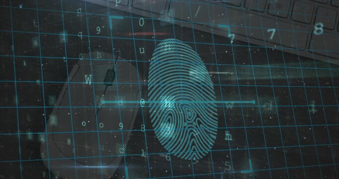 Biometric fingerprint scanner and security padlocks against close up of a mouse and computer server