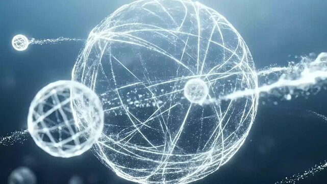 An abstract and futuristic animation showcases a large, luminous spherical network as its centerpiece, intricately composed of glowing lines that suggest connectivity and complex systems. Smaller, eth