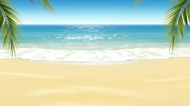 An animated and vibrant tropical beach scene unfolds with crystal-clear turquoise ocean waves gently lapping onto a golden sandy shore under a bright blue sky. Lush green palm fronds frame the top of 