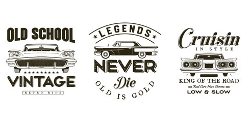 Set of vintage classic car vector illustrations for t-shirt design and retro posters.