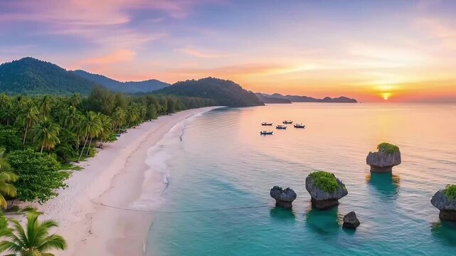 An breathtaking aerial panorama captures a pristine tropical beach at either dawn or dusk, bathed in the soft, gradient hues of a vibrant pastel sky. Gentle waves lap at the pure white sandy shore, fr