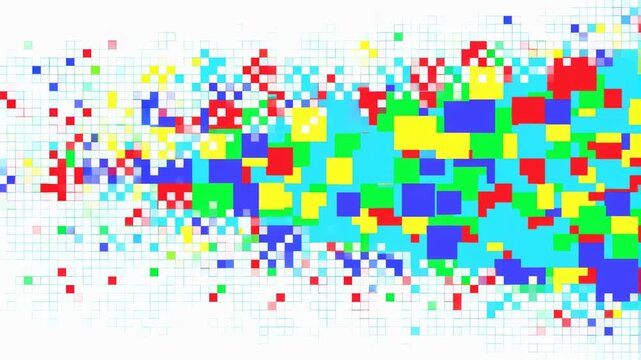 Colorful abstract animation of moving squares and pixels creating a dynamic visual effect. Ideal for digital media, technology, and creative projects