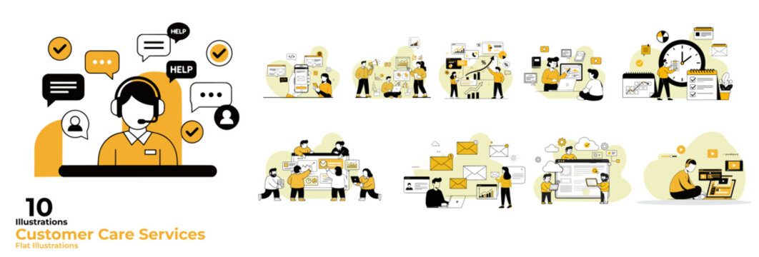 Customer service concept illustrations. Collection of individual scenes for technical support assistant, customer and operator vector. Customer service, hotline operator advises customer, online