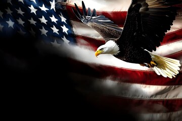 Bald eagle flying over American flag.