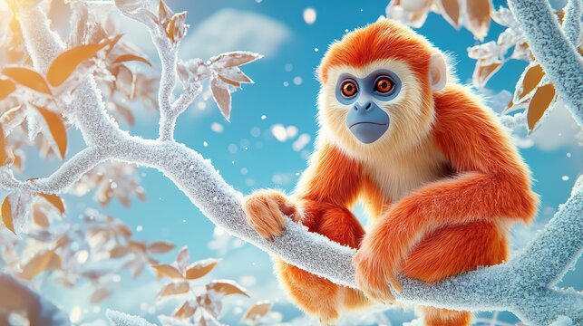 Low Poly Design of adorable wild animals, Golden Snub Nosed Monkey Sitting on Snow Dust Dusted Branch in Winter Wonderland Scene