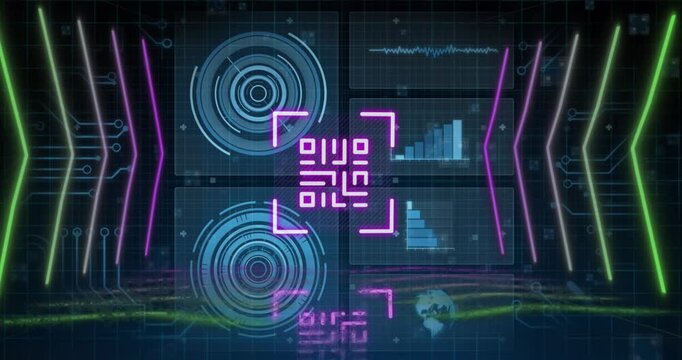 Animation of qr code over scope scanning and data processing on black background
