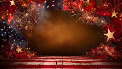 merican flag colors, fireworks, and copy space.