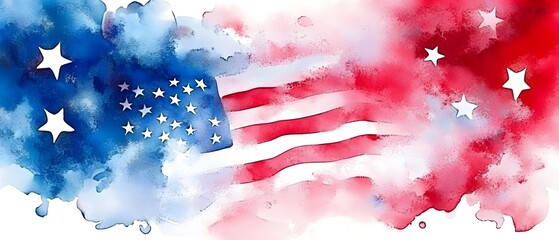Watercolor American flag, fireworks, and stars.