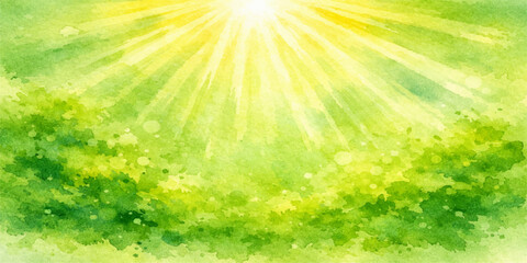 Obraz premium Bright green grass glows under a summer sun and blue sky in this nature wallpaper design featuring a sunny burst of light and vector illustration rays