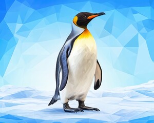 Obraz premium Low Poly Design of adorable wild animals, Majestic Emperor Penguin Standing Tall on Icy Surface Against Bright Blue Background
