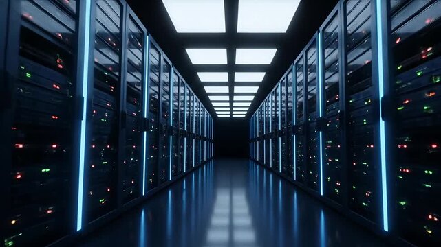 Dark server room corridor with rows of modern data center racks and glowing lights representing internet infrastructure