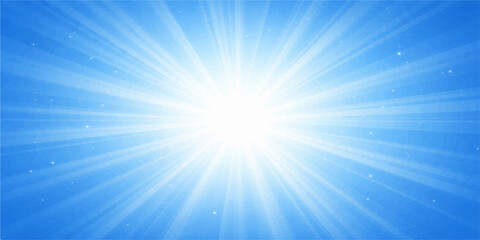 Fototapeta premium Abstract blue vector backdrop featuring a bright summer sun with shining rays and glowing light beams bursting through a clear sky design for a nature inspired sunrise illustration