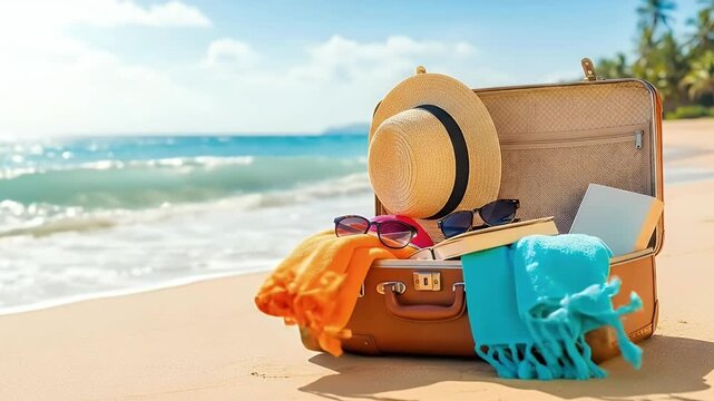 An open, vintage-style suitcase sits invitingly on a pristine sandy beach, packed with essentials for a perfect tropical getaway. Inside, a stylish wide-brimmed straw hat, fashionable sunglasses, an o