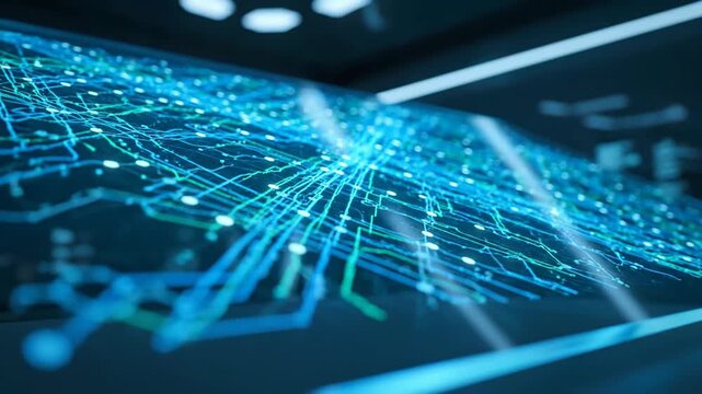 Abstract network with glowing blue and green data streams flowing