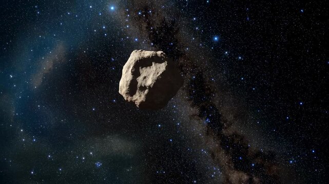 Asteroid floating in the vastness of space against a backdrop of stars and galaxies. Represents the mysteries of the universe and cosmic exploration
