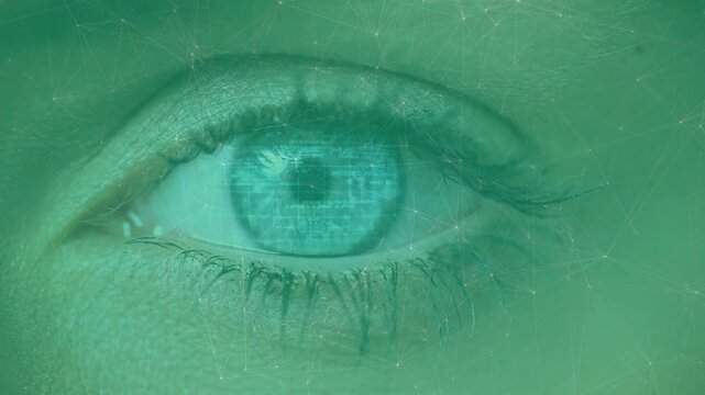 Animation of connections and data processing over eye of caucasian woman