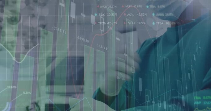 Animation of financial data over male surgeons cleaning hands