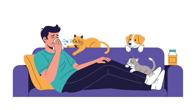 Detailed illustration of a man suffering from severe animal allergies while resting on a sofa surrounded by cats and a friendly dog.