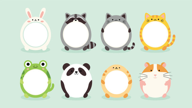 Set of cute animal frames featuring a rabbit raccoon cat frog panda and hamster with empty white circles for photos or custom text.