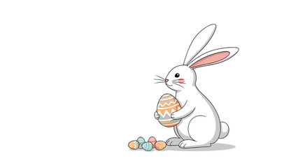 Obraz premium Cute white easter bunny sitting next to a large decorated egg and several small eggs for a charming holiday season illustration design.