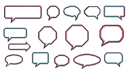 Obraz premium Collection of pixel art speech bubbles with stylish pink and blue double outlines in various shapes for retro game and digital app designs.