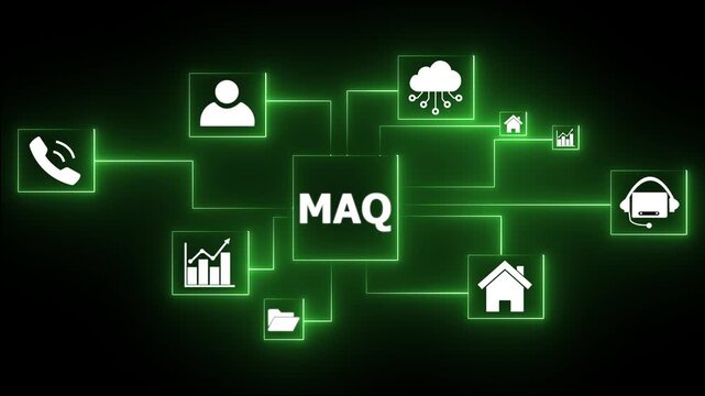 Glowing neon network connecting maq business icons handshake phone graph analytics brain gears team people hacker on laptop digital transformation technology concept.4k animation motion video..