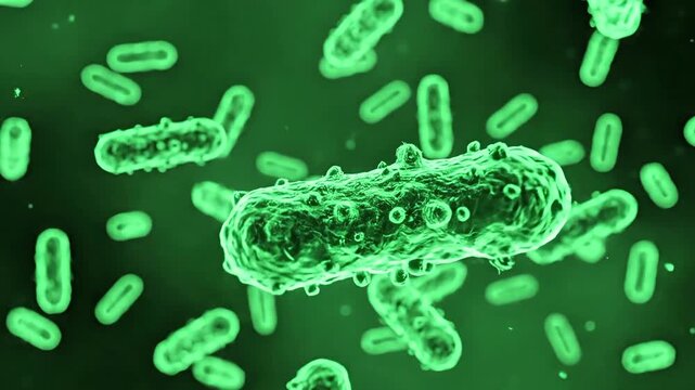 3D Animation of Neon Blue Virus Pathogens and Rod-Shaped Bacteria