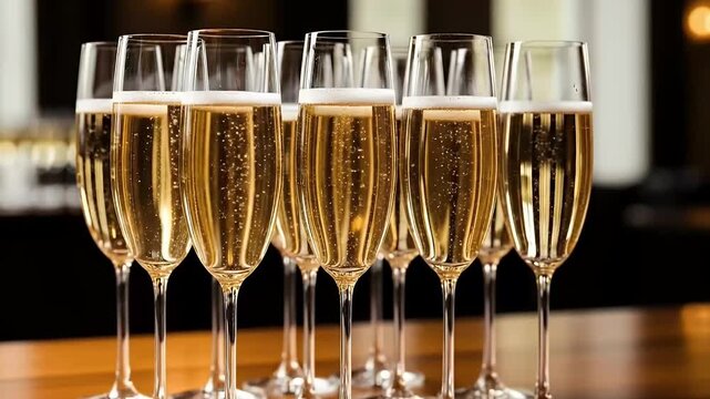 Multiple elegant flutes shimmer with golden, effervescent sparkling wine, their delicate bubbles rising gracefully against a softly lit, dark background. The sophisticated presentation on a sleek, ref