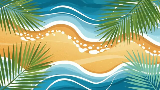 This animated top-down view captures a serene tropical beach scene with a vibrant, illustrative aesthetic. Gentle ocean waves in varying shades of blue rhythmically advance and recede onto a golden sa