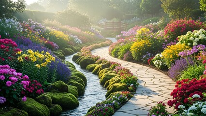 Enchanting Garden Path Winding Through Vibrant Floral Landscape with Gentle Stream.