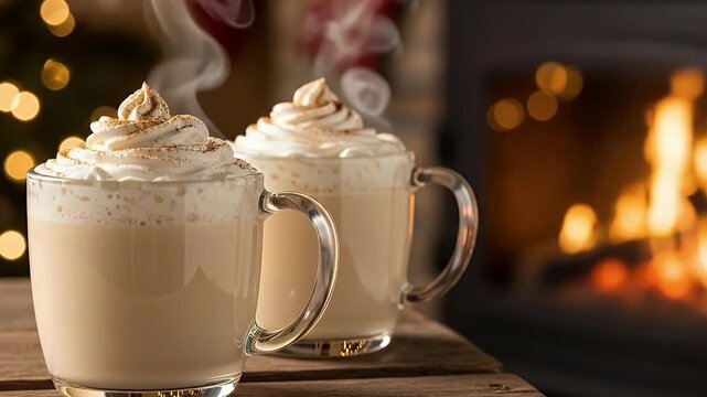 This inviting close-up captures two steaming mugs of a creamy, delicious beverage, generously topped with fluffy whipped cream and a delicate dusting of spice. Placed on a rustic wooden surface, the s