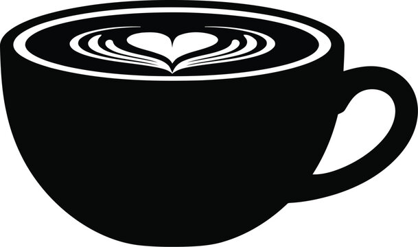 Black silhouette of a coffee cup with latte art in the shape of a heart vector icon on transparent background