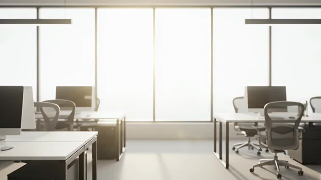 This serene and modern office environment features rows of empty desks equipped with computer monitors and ergonomic chairs, bathed in bright, natural light streaming through expansive windows. The mi
