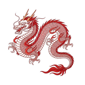 Japanese Dragon Illustration, Red Traditional East Asian Ryu Mythical Creature Vector Art