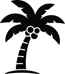 Obraz premium Black silhouette of a coconut palm tree with fruits, representing tropical abundance, isolated against a transparent checkered background