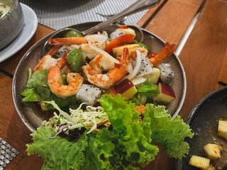 Fruit salad with shrimp, Thai food photography