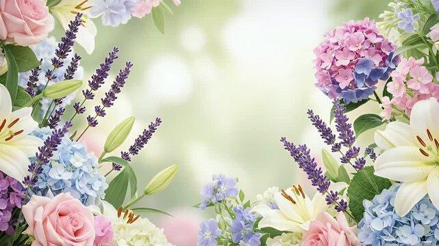 This vibrant and elegant floral composition frames a soft, diffused background, creating a beautiful and versatile visual. Delicate pink roses, classic white lilies, lush blue and pink hydrangeas, and