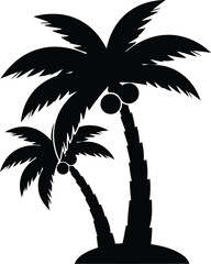 Obraz premium Two black silhouettes of palm trees with coconuts and leaves on transparent background vector illustration