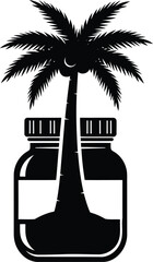 Obraz premium Black silhouette of palm tree growing inside jar with liquid and lid on transparent background vector illustration