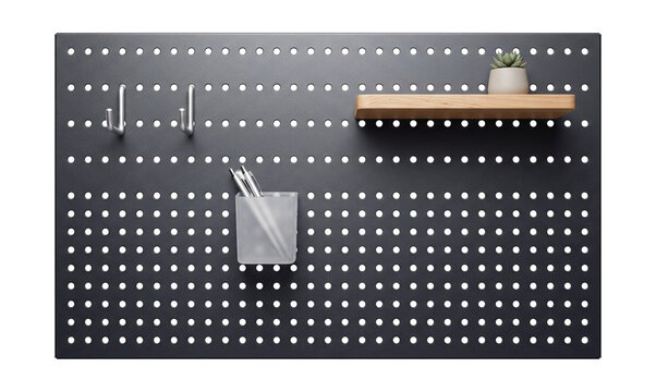 Wall-mounted pegboard.
