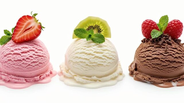 This vibrant studio shot showcases a delightful trio of frozen dessert scoops, each beautifully garnished and presented on a clean white background. A creamy pink scoop, topped with a fresh strawberry
